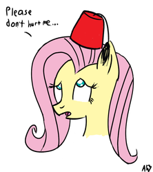 Size: 695x782 | Tagged: safe, artist:datahmedz, fluttershy, g4, asdfmovie, female, fez, hat, looking up, open mouth, scared, solo