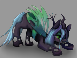 Size: 609x461 | Tagged: safe, artist:first-blush, queen chrysalis, changeling, changeling queen, g4, crown, face down ass up, fangs, female, green eyes, horn, jewelry, regalia, solo, transparent wings, wings