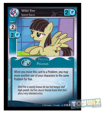 Size: 467x540 | Tagged: safe, enterplay, wild fire, pegasus, pony, g4, my little pony collectible card game, premiere, card, ccg, female, lidded eyes, mare, open mouth, open smile, sibsy, smiling, solo, spread wings, wings