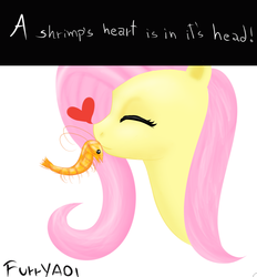 Size: 689x742 | Tagged: safe, artist:scouthiro, fluttershy, shrimp, g4, curiosity, cute, eyes closed, heart, kissing, nuzzling