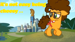 Size: 848x478 | Tagged: safe, cheese sandwich, earth pony, pony, pinkie pride, cheetos, city, colt, crystaller building, glasses, it ain't easy being cheesy, looking back, male, manehattan, sad, solo, tree, walking, younger