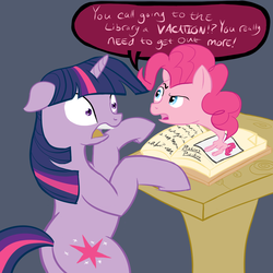 Size: 1000x1000 | Tagged: safe, artist:arcum89, pinkie pie, twilight sparkle, pony, unicorn, g4, book, butt, female, mare, plot