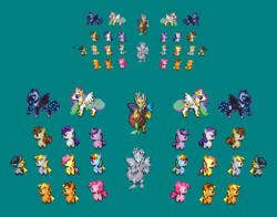 Size: 526x413 | Tagged: safe, artist:kelvin shadewing, applejack, derpy hooves, discord, fluttershy, nightmare moon, pinkie pie, princess celestia, rainbow dash, rarity, twilight sparkle, oc, oc:midi waffle, pegasus, pony, g4, armor, female, license:cc-by-sa 4.0, mane six, mare, midi waffle, overhead view, pixel art, rpg, sprite, statue