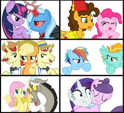 Size: 1921x1754 | Tagged: safe, applejack, boneless, cheese sandwich, discord, flam, flim, fluttershy, lightning dust, pinkie pie, rainbow dash, rarity, suri polomare, trixie, twilight sparkle, alicorn, pony, g4, pinkie pride, alicorn amulet, antagonist, female, flim flam brothers, mane six, mare, rivalry, twilight sparkle (alicorn)