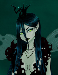 Size: 781x1000 | Tagged: safe, artist:ashiori-chan, queen chrysalis, human, g4, elf ears, female, humanized, solo