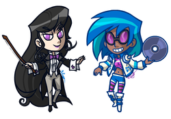 Size: 500x350 | Tagged: safe, artist:the-knick, dj pon-3, octavia melody, vinyl scratch, human, g4, belly button, dark skin, humanized, light skin, midriff