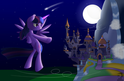 Size: 1600x1050 | Tagged: safe, artist:mechashockwave, twilight sparkle, alicorn, pony, g4, canterlot, flying, moon, night, stars, twilight sparkle (alicorn)