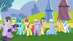 Size: 1054x592 | Tagged: safe, edit, screencap, blue skies, cerulean skies, cloud kicker, crescent pony, lightning bolt, mane moon, merry may, rainbow swoop, spectrum, spring melody, sprinkle medley, strawberry sunrise, sunshower raindrops, twilight sparkle, warm front, white lightning, pegasus, pony, unicorn, g4, background pony, female, grumpy, grumpy twilight, looking up, male, mare, one of these things is not like the others, open mouth, spread wings, stallion, twilight sparkle is not amused, unamused, unicorn twilight, wings