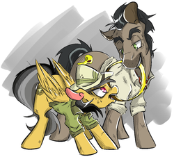 Size: 1052x950 | Tagged: safe, artist:cleppyclep, daring do, doctor caballeron, earth pony, pegasus, pony, g4, bedroom eyes, clothes, female, folded wings, hat, looking at each other, male, mare, mouth hold, seductive look, ship:daballeron, shipping, shirt, stallion, straight, sweat, wings