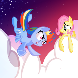 Size: 2000x2000 | Tagged: safe, artist:january3rd, fluttershy, rainbow dash, g4, cloud, cloudy, filly, flying, stars, sunset