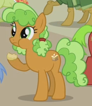 Size: 187x217 | Tagged: safe, screencap, apple brown betty, apple cinnamon, apple strudel, granny smith, earth pony, pony, apple family reunion, g4, apple family member, background pony, cropped, eating, female, mare, puffy cheeks, solo focus