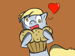 Size: 500x375 | Tagged: safe, artist:elmundodeultra, derpy hooves, pegasus, pony, g4, female, giant muffin, heart, mare, muffin, solo, that pony sure does love muffins