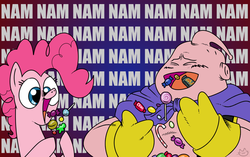 Size: 500x314 | Tagged: safe, artist:catfood-mcfly, pinkie pie, g4, candy, crossover, cute, diapinkes, dragon ball, dragon ball z, eating, equestria is doomed, fridge horror, majin boo, nom, open mouth, smiling, xk-class end-of-the-world scenario