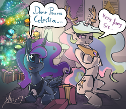 Size: 2252x1945 | Tagged: safe, artist:alumx, princess celestia, princess luna, alicorn, deer, pony, g4, :t, animal costume, antlers, christmas, christmas tree, clothes, crossed hooves, dear princess celestia, dialogue, female, floppy ears, frown, glare, mare, present, prone, pun, scrunchy face, sitting, sparkly eyes, tree, unamused, wingding eyes