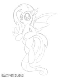 Size: 1024x1243 | Tagged: safe, artist:drawponies, fluttershy, bat pony, pony, g4, female, flutterbat, monochrome, race swap, sketch, solo