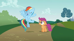 Size: 1920x1080 | Tagged: safe, artist:dtkraus, edit, edited screencap, screencap, rainbow dash, scootaloo, g4, the mysterious mare do well, cloud, ears back, eyes closed, flying, folded wings, grass, path, sky, spread wings, standing, tree, wat, wings