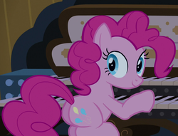 Size: 1411x1079 | Tagged: safe, screencap, pinkie pie, earth pony, pony, castle mane-ia, g4, balloonbutt, butt, female, looking back, mare, musical instrument, organ, organ to the outside, plot, smiling, solo