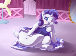 Size: 1470x1100 | Tagged: safe, artist:c-adepsy, rarity, pony, g4, belly, belly button, big belly, blushing, carousel boutique, chubby cheeks, clothes, dress, fat, female, obese, raritubby, solo