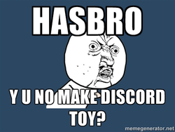 Size: 500x375 | Tagged: safe, discord, g4, bloodshot eyes, hasbro, meme, y u no