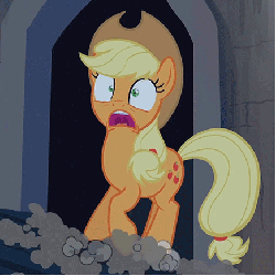 Size: 436x436 | Tagged: safe, screencap, applejack, earth pony, pony, castle mane-ia, g4, season 4, animated, female, gif, horses doing horse things, open mouth, panic, scared, screaming, solo, trotting, trotting in place, uvula, wide eyes, yelling