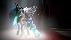 Size: 1920x1080 | Tagged: safe, artist:argodaemon, princess celestia, g4, 3d, clothes, corrupted celestia, dark magic, evilestia, female, hallway, jewelry, magic, peytral, shoes, solo, sombra eyes, source filmmaker, tiara, wallpaper