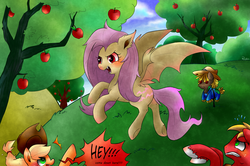 Size: 2000x1326 | Tagged: safe, artist:phyllismi, applejack, big macintosh, fluttershy, bat pony, pony, bats!, g4, apple, flutterbat, race swap, scarecrow, tree