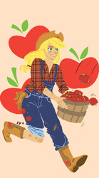 Size: 581x1048 | Tagged: safe, artist:xxciaobella23xx, applejack, human, g4, apple, basket, carrying, female, freckles, humanized, light skin, overalls, solo, working