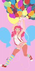 Size: 653x1336 | Tagged: safe, artist:xxciaobella23xx, pinkie pie, human, g4, balloon, female, hairclip, humanized, light skin, solo, suspenders, then watch her balloons lift her up to the sky