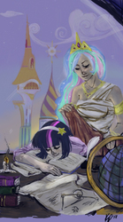 Size: 415x748 | Tagged: safe, artist:xxciaobella23xx, princess celestia, twilight sparkle, human, g4, book, globe, humanized, light skin, momlestia fuel, sleeping, slice of life, studying, sunset, table