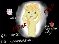 Size: 1239x921 | Tagged: safe, noi, scootaloo, sweetie belle, g4, bullying, crying, phrases, simple background