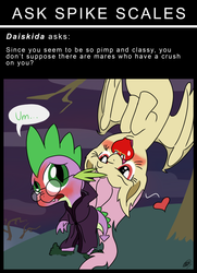 Size: 1024x1415 | Tagged: safe, artist:loreto-arts, fluttershy, spike, bat pony, pony, ask spike scales, bats!, g4, apple, ask, blushing, clothes, female, flutterbat, glasses, hanging, heart, interspecies, male, mouth hold, race swap, ship:flutterspike, shipping, spikebat, straight, tree, upside down