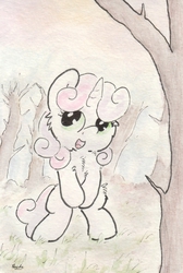 Size: 672x1000 | Tagged: safe, artist:slightlyshade, sweetie belle, pony, unicorn, g4, bipedal, covering, covering crotch, female, grass, open mouth, solo, traditional art, tree, wingding eyes