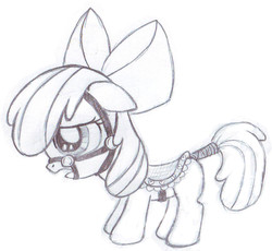 Size: 656x604 | Tagged: safe, artist:lockerobster, apple bloom, g4, bridle, cute, female, monochrome, saddle, sketch, solo, tail wrap, traditional art