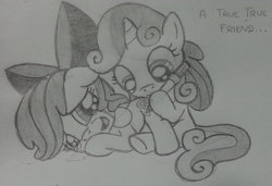 Size: 1024x702 | Tagged: safe, artist:lockerobster, apple bloom, sweetie belle, earth pony, pony, unicorn, g4, cutie mark, female, filly, grayscale, marker, monochrome, pencil drawing, sharpie, simple background, traditional art, white background