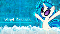 Size: 1920x1080 | Tagged: safe, artist:ewized, dj pon-3, vinyl scratch, pony, unicorn, g4, female, hooves, horn, mare, smiling, solo, sunglasses, teeth, text, vector, wallpaper