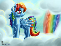 Size: 1024x768 | Tagged: safe, artist:ravenousdrake, rainbow dash, pegasus, pony, g4, cloud, cloudy, female, on a cloud, solo, standing on a cloud