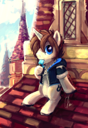 Size: 966x1408 | Tagged: dead source, safe, artist:eiolf, pony, disney, eating, food, ice cream, kingdom hearts, ponified, rooftop, scenery, solo, sora