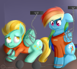 Size: 1000x900 | Tagged: safe, artist:bubblenote, lightning dust, rainbow dash, g4, ball and chain, chains, clothes, crying, duo, prison, prison outfit, prisoner, prisoner rd, sad, shackles