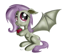 Size: 1300x1080 | Tagged: safe, artist:ravirr94, fluttershy, bat pony, pony, bats!, g4, apple, female, flutterbat, race swap, solo