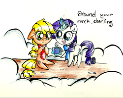 Size: 1024x811 | Tagged: safe, artist:zanykat0, applejack, rarity, g4, clothes, dialogue, magic, mug, scarf, traditional art