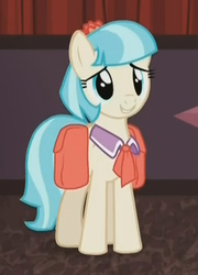 Size: 428x593 | Tagged: safe, screencap, coco pommel, earth pony, pony, g4, rarity takes manehattan, cocobetes, cute, female, grin, moe, saddle bag, smiling, solo, standing