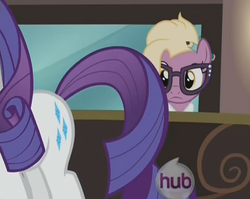 Size: 715x568 | Tagged: safe, screencap, grace manewitz, rarity, pony, g4, rarity takes manehattan, eyes on the prize, female, hub logo, looking at butt, mare, out of context