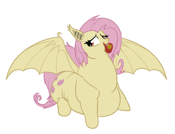 Size: 1071x818 | Tagged: safe, artist:calorie, fluttershy, bat pony, pony, bats!, apple, eating, fat, fattershy, female, flubberbat, flutterbat, morbidly obese, mouth hold, obese, race swap, solo