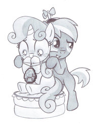 Size: 1024x1350 | Tagged: safe, artist:lockerobster, button mash, sweetie belle, earth pony, pony, unicorn, g4, blushing, colt, diamond, female, filly, foal, male, minecraft, monochrome, necklace, ship:sweetiemash, shipping, sketch, straight, traditional art