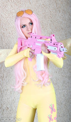 Size: 1024x1745 | Tagged: safe, artist:hannuki, artist:vladimir-holstinin, fluttershy, human, g4, cosplay, g36, g36c, gun, irl, irl human, photo, solo