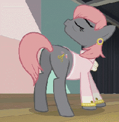 Size: 282x288 | Tagged: safe, screencap, prim hemline, earth pony, pony, g4, rarity takes manehattan, animated, butt, cougar, female, horses doing horse things, mare, plot, solo, tail, tail flick