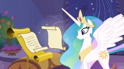 Size: 1366x768 | Tagged: safe, screencap, princess celestia, g4, griffon the brush off, dear princess celestia, female, letter, solo