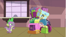 Size: 576x324 | Tagged: safe, screencap, spike, dragon, g4, rarity takes manehattan, animated, luggage, male, slave, solo