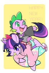Size: 1378x2039 | Tagged: safe, artist:moccha, spike, twilight sparkle, dragon, pony, g4, alternate hairstyle, bow, cute, dragons riding ponies, duo, eye clipping through hair, hair bow, happy new year, holiday, kimono (clothing), new year, open mouth, pixiv, riding, spike riding twilight