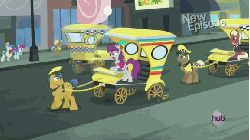 Size: 576x324 | Tagged: safe, screencap, beaude mane, carry on, fortune favors, fruit pack, john bull, neigh sayer, pronto, ruby splash, silver berry, earth pony, pony, g4, rarity takes manehattan, animated, background pony, broken wheel, female, hub logo, hubble, male, manehattan, mare, new episode, stallion, taxi, the hub